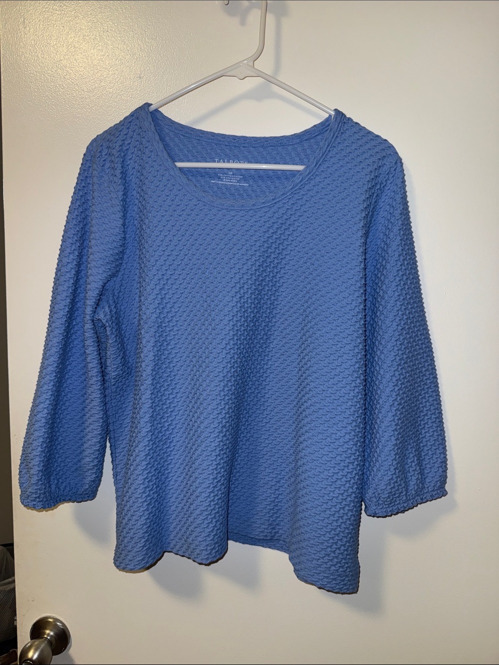 Talbot’s Classic 3/4 SleeveTextured Scoop Neck Top - Blue - Petite Large